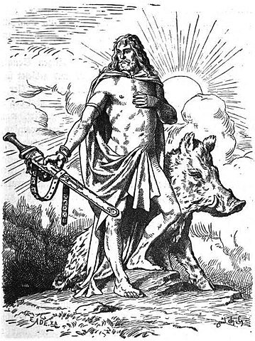 The god Freyr stands with his sword and the boar Gullinbursti.  by Johannes Gehrts 1901