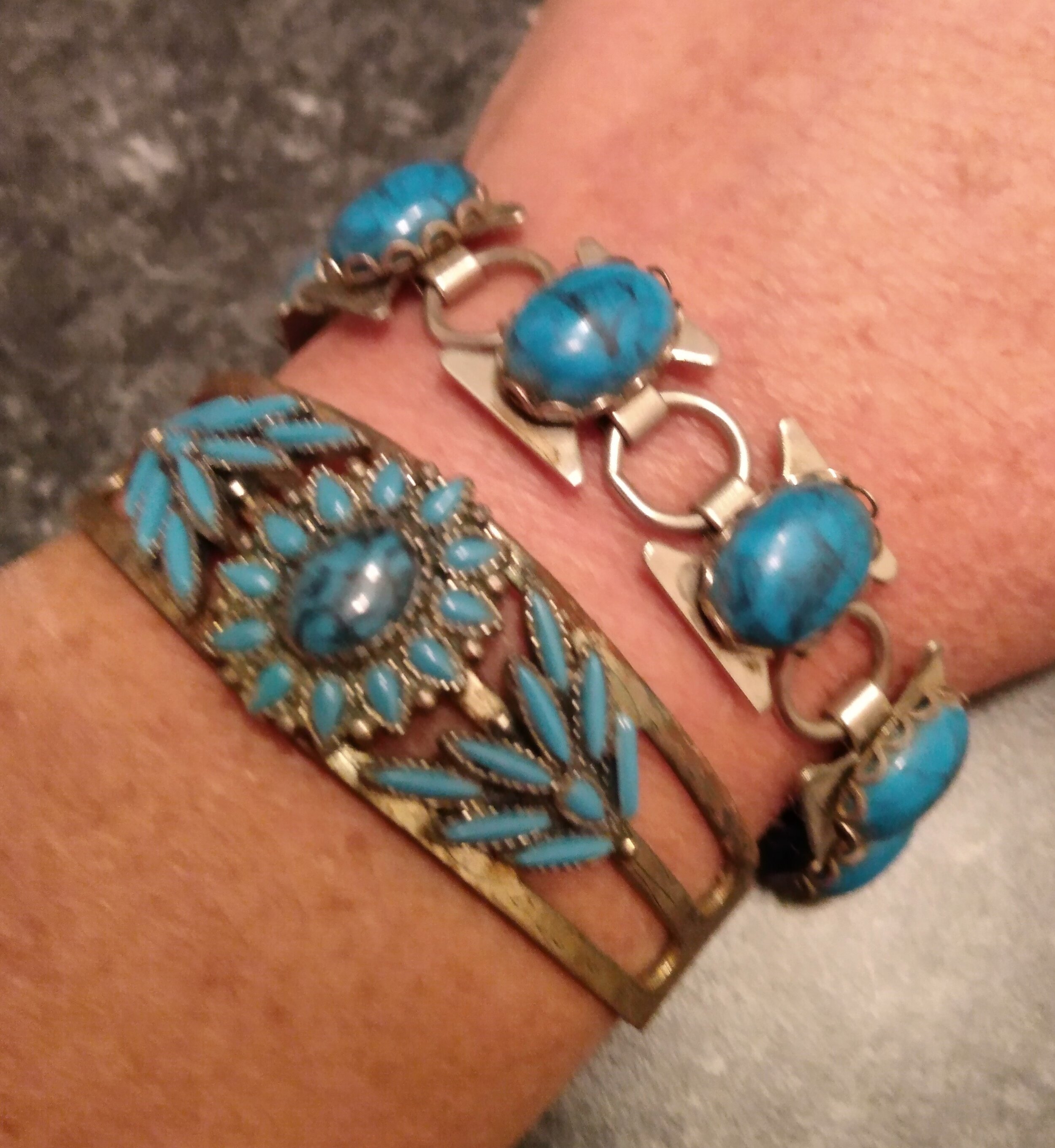I love turquoise. These are two of my bracelets that are older family pieces. Photo by Ame Vanorio