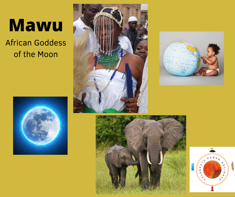 Goddess Mawu, elephant, baby holding earth