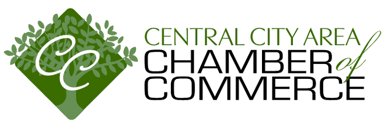 Logo for Central City Area Chamber of Commerce featuring a green tree with the initials CC, and the text 'Central City Area Chamber of Commerce' with 'Central City Area' in green and 'Chamber of Commerce' in black.