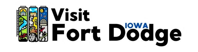 Logo for Visit Fort Dodge, featuring illustrations of local attractions and landmarks.