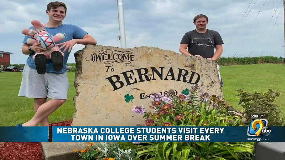 7/31/21; KCRG 9 News (TV): Two Nebraska college students visiting every Iowa town