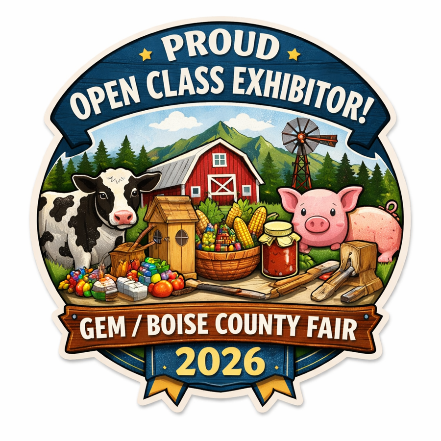 Badge for the 2026 Boise County Fair GEM/OPEN CLASS EXHIBITOR, featuring a farm scene with a cow, pig, barn, corn, vegetables, and a windmill.