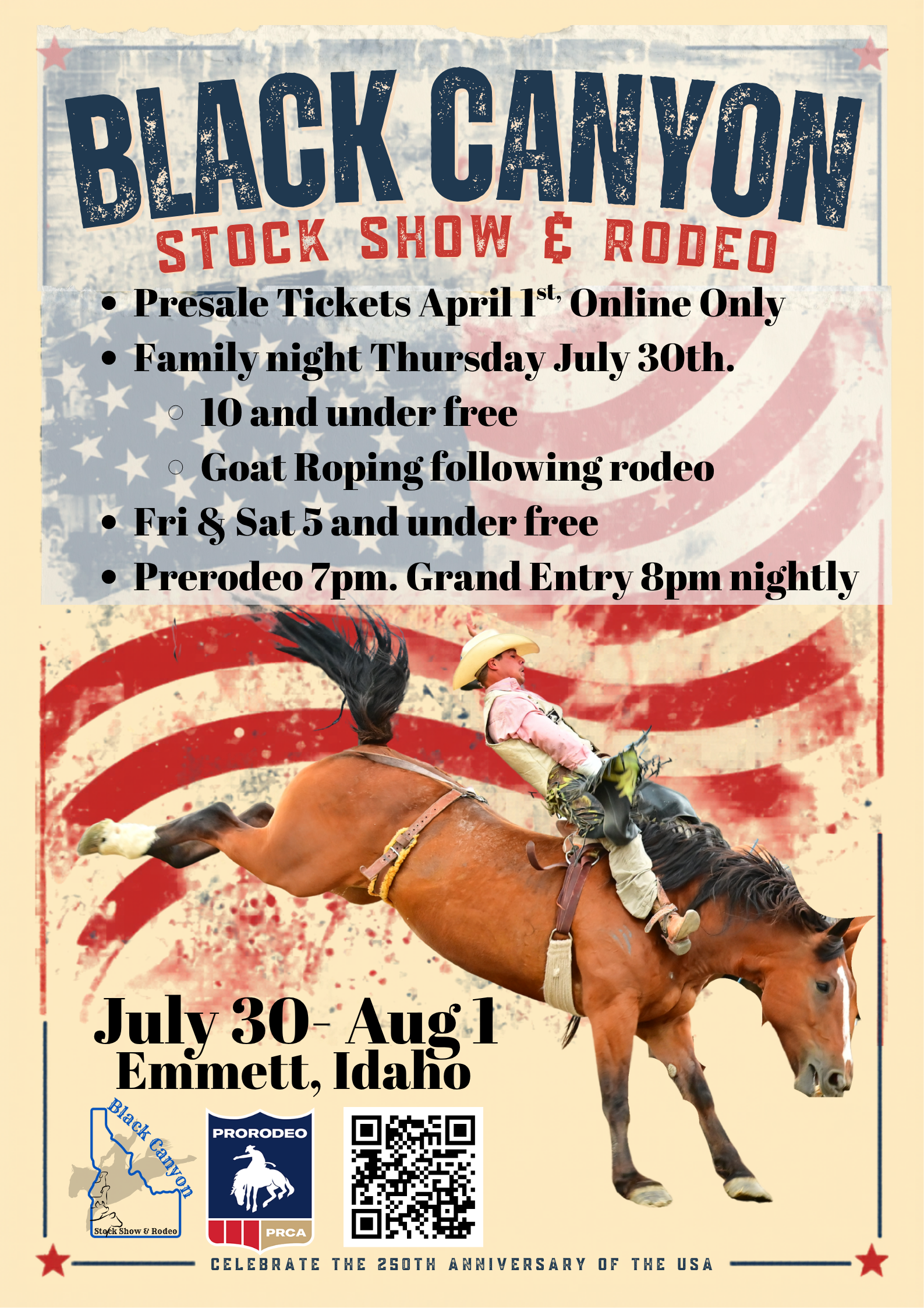 Poster for the Black Canyon Stock Show and Rodeo featuring a cowboy riding a bucking horse with a background of the American flag. Text mentions event dates from July 30 to August 1 in Emmett, Idaho, with details about ticket sales and event activities.