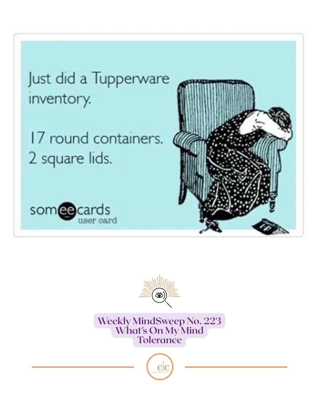 Cognitive Tupperware and Missing Lids

A client in our Curated Conversation group this month said she needed the strategy work we do together to keep her out of her &ldquo;Cognitive Tupperware with the missing lids.&rdquo;

I have not been able to st