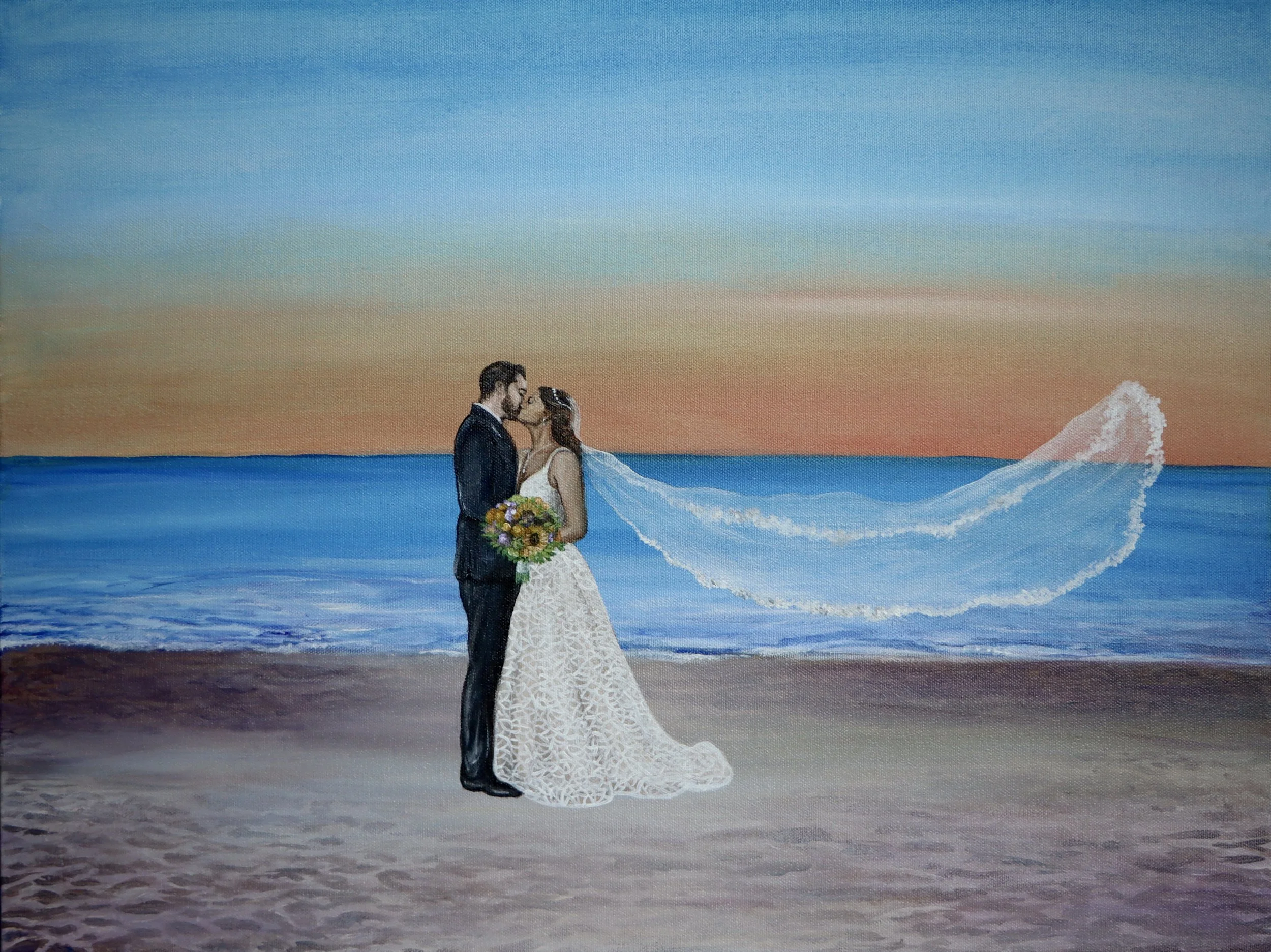 Live Wedding Painting, acrylic paint, of a wedding with a couple kissing on the beach, against a backdrop of the ocean and the sunset.