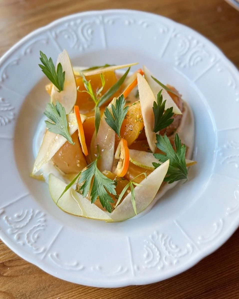 A new spin on our favorite - golden beets, greek yogurt, pear, fennel pollen, tarragon. Join us for dinner tonight at 5pm!