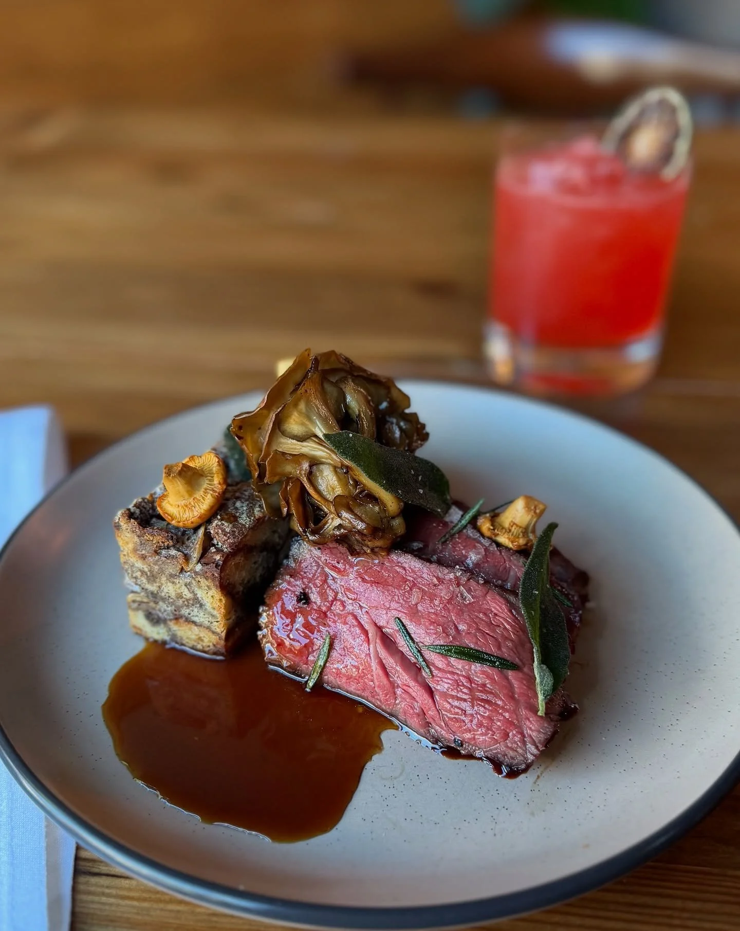 Dinner plans include you, this incredible denver steak (served with bread pudding, chanterelles, and rosemary), and a glass of red wine on the patio. See you at 5pm!