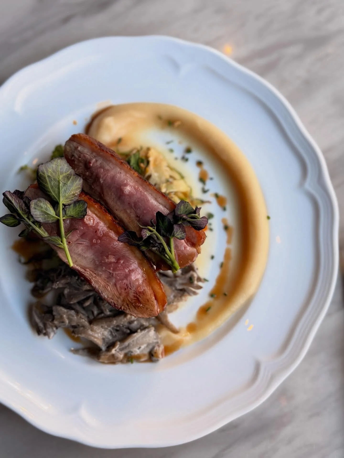 More new menu fun: slow roasted duck breast with parsnip, creamy maitake mushrooms, brussels, and truffle jus. These are a favorite here every night, don't miss out!