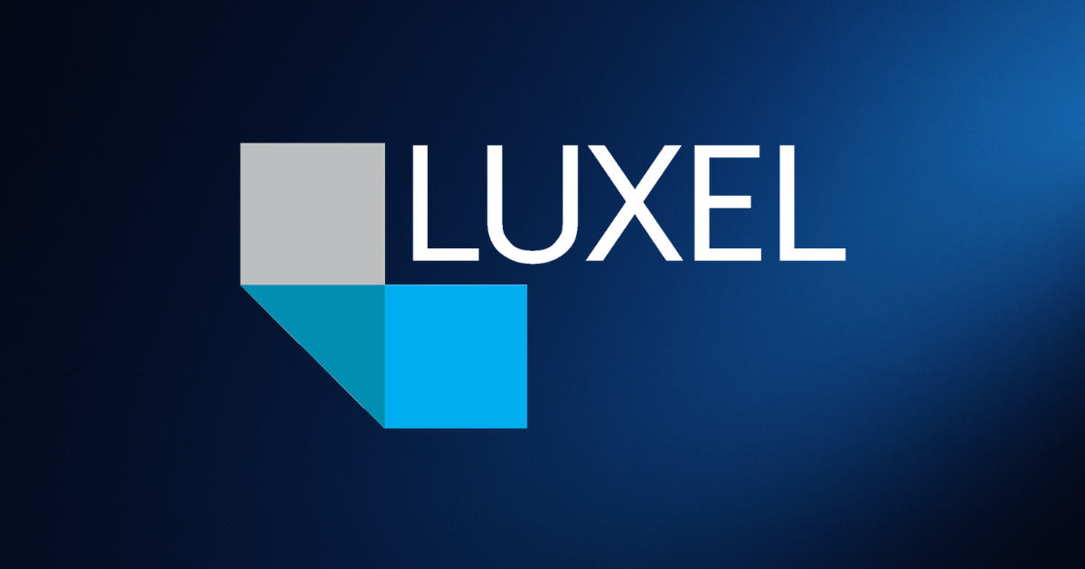 LUXEL logo with blue and gray squares on a dark gradient background.