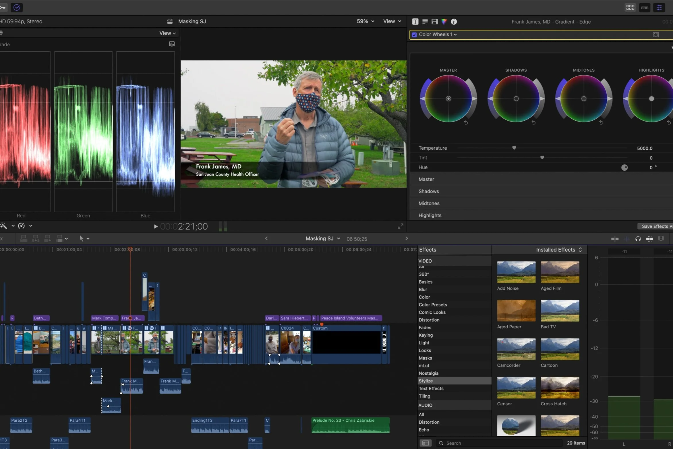 Screenshot of a video editing software with a video of a man wearing a face mask standing outdoors near a tree and park benches, with editing tools and color grading panels visible.