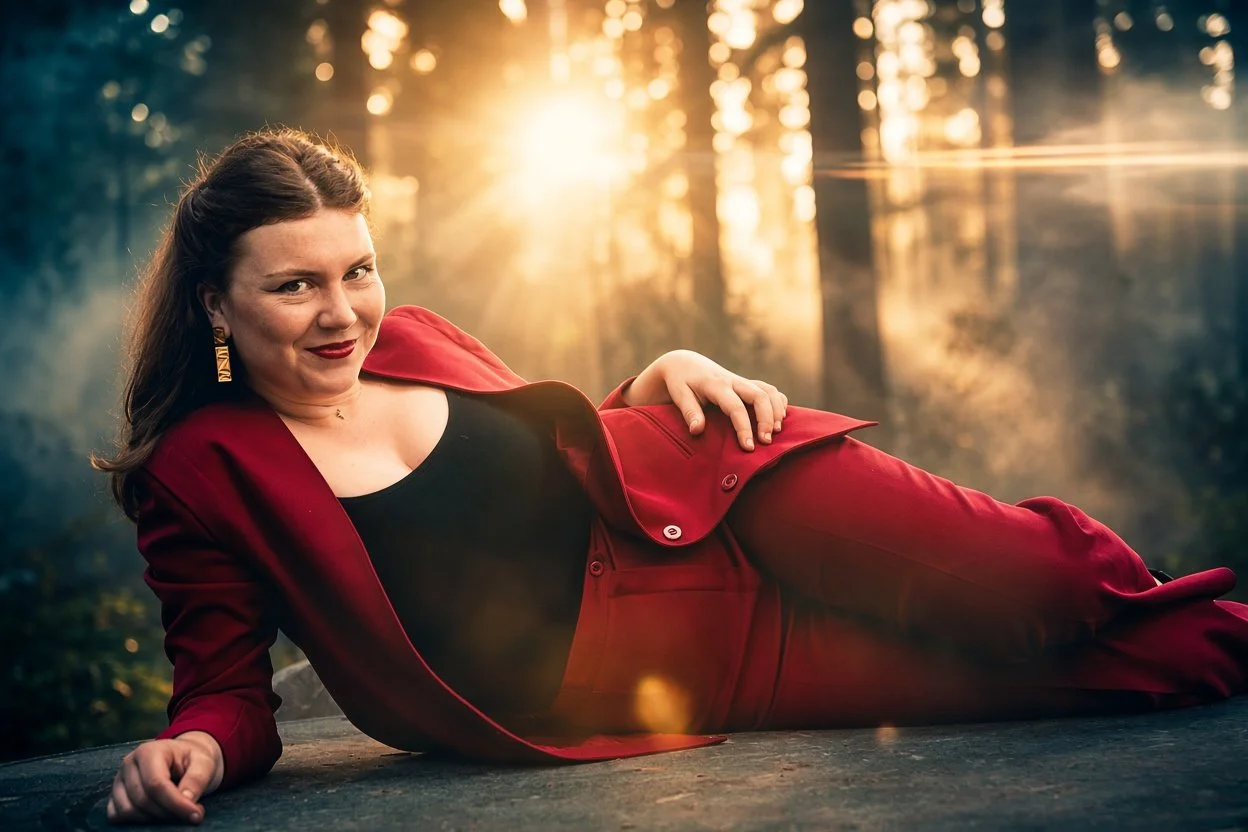 woman in red suit lying on her side outdoors in a forest as the sun sets, with a confident smile.