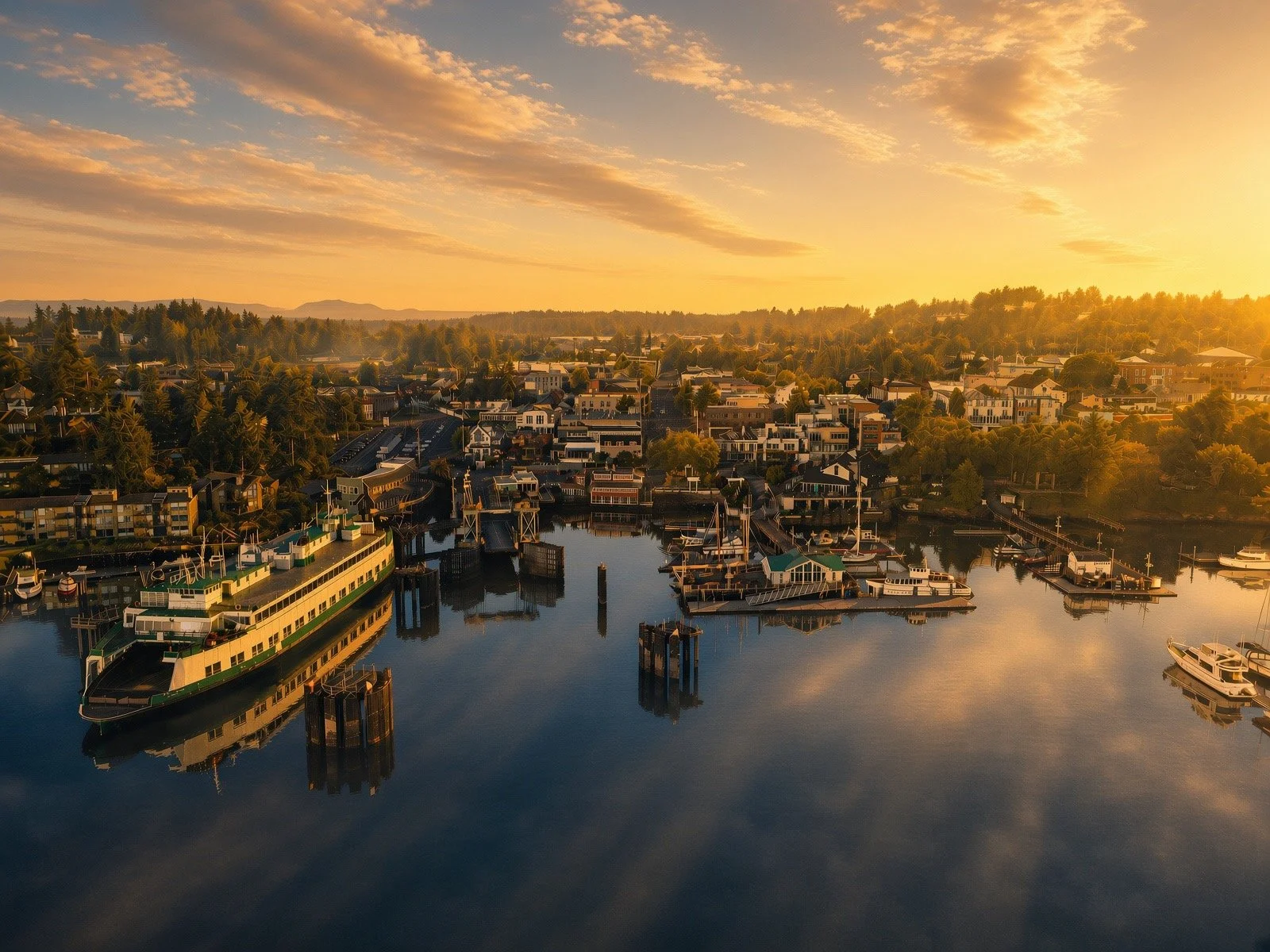 Aerial view of a harbor with boats and buildings, captured during sunset with warm golden light.
