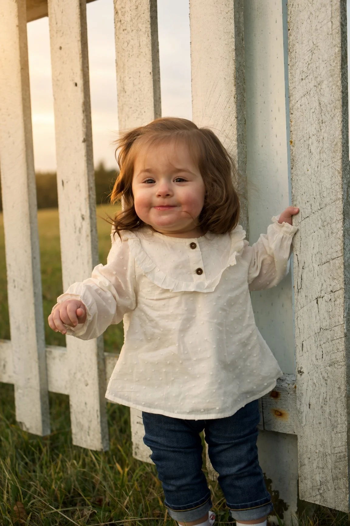 A young girl with light brown hair, wearing a white long-sleeve shirt and dark jeans, standing outdoors near a white wooden fence at sunset.
