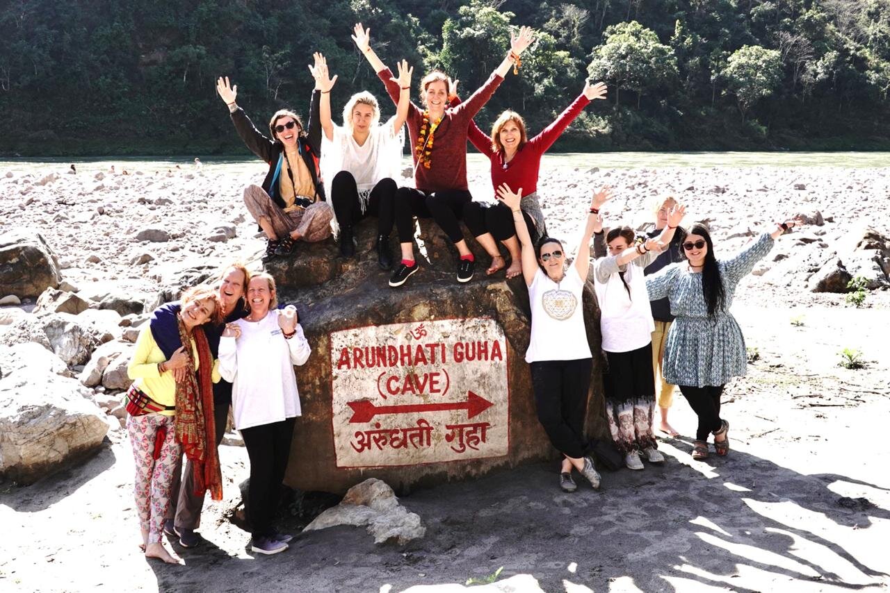 All the ladies from the retreat at the Arundhati Guha cave where great Sage Vashistha meditated located 25 kms from Rishikesh.