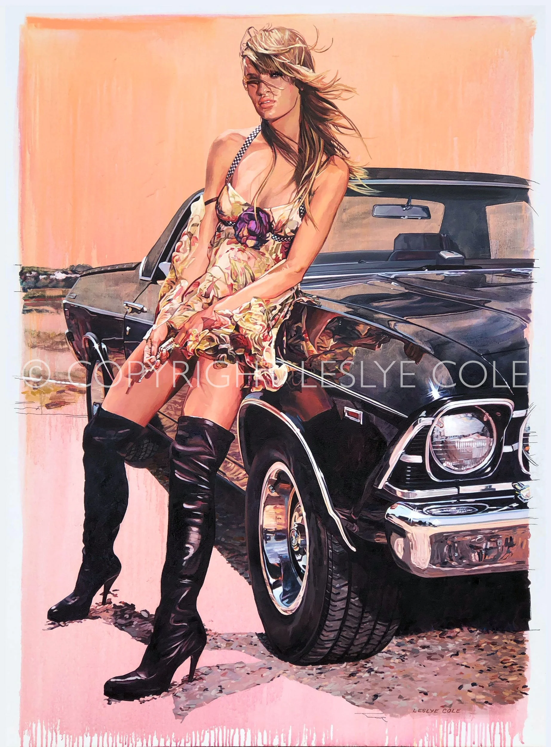 El Camino Girl (Linda Vojtova). Acrylic and oils on canvas. 44" x 59" (111 x 150 cm). SOLD.