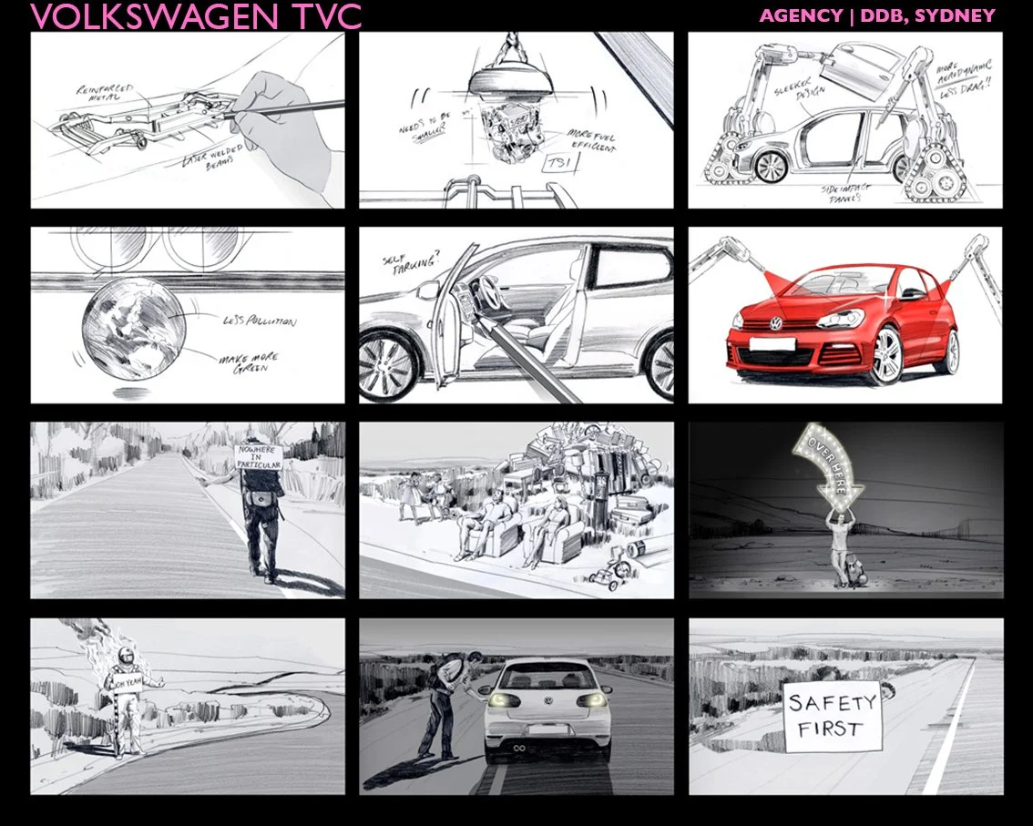 DDB, SYDNEY. Storyboard for Volkswagen. Colour pencil and Photoshop layers.