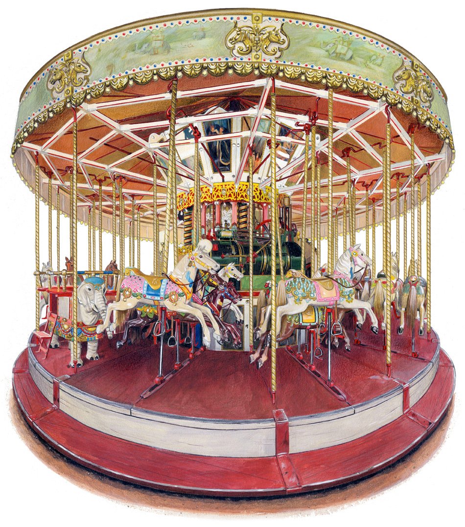 STEAM Discovery Series, Macdonald Young Books. Challenged with modifying the perspective of an historical carousel to fit the book layout. Colour pencil and gouache.