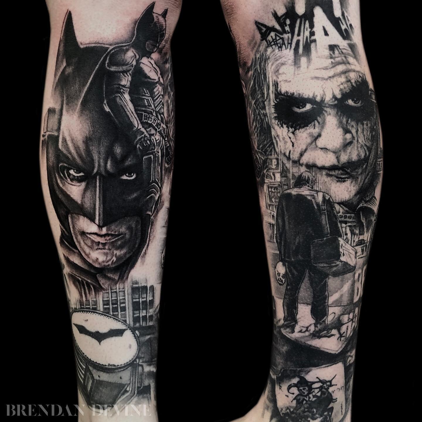 Dark Knight progress on Luke. Swipe for a closer look. The last slide is a hand made replica mask that Luke thoughtfully gifted me after we completed the Joker section of his leg...the best. Thank you Luke, can&rsquo;t wait for the next one!🦇🤡🌃🖤
