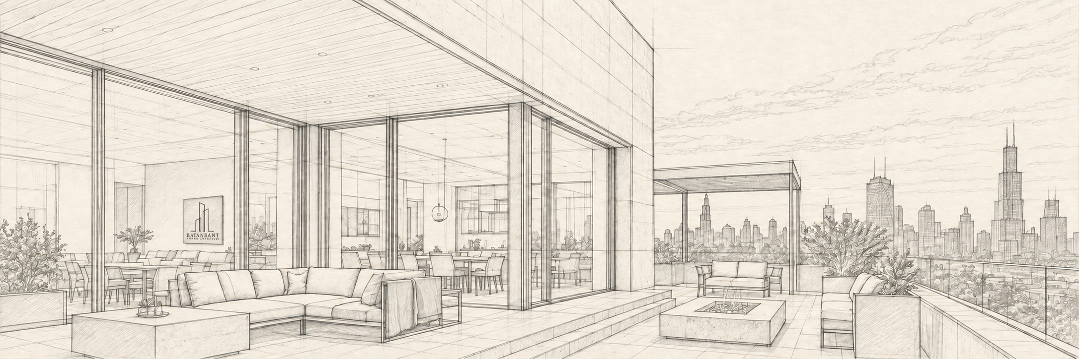 Architectural concept drawing of the glass house and Chicago skyline