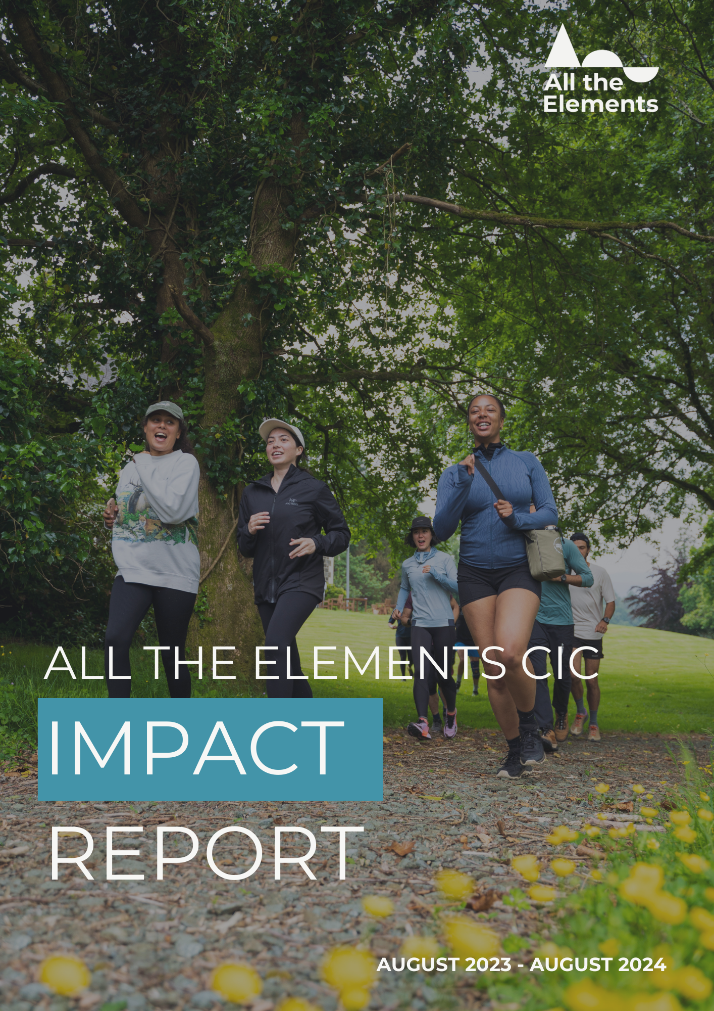 The cover of our 2023-2024 impact report shows a group of runners running through a park