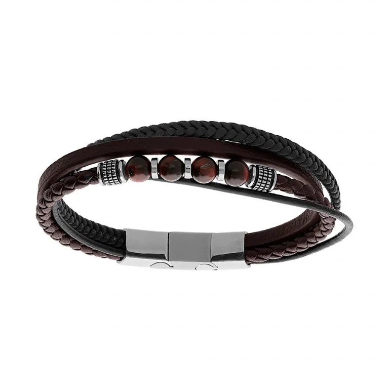 Bracelet Multi Fils Cuir Marron + Oeil de Tigre