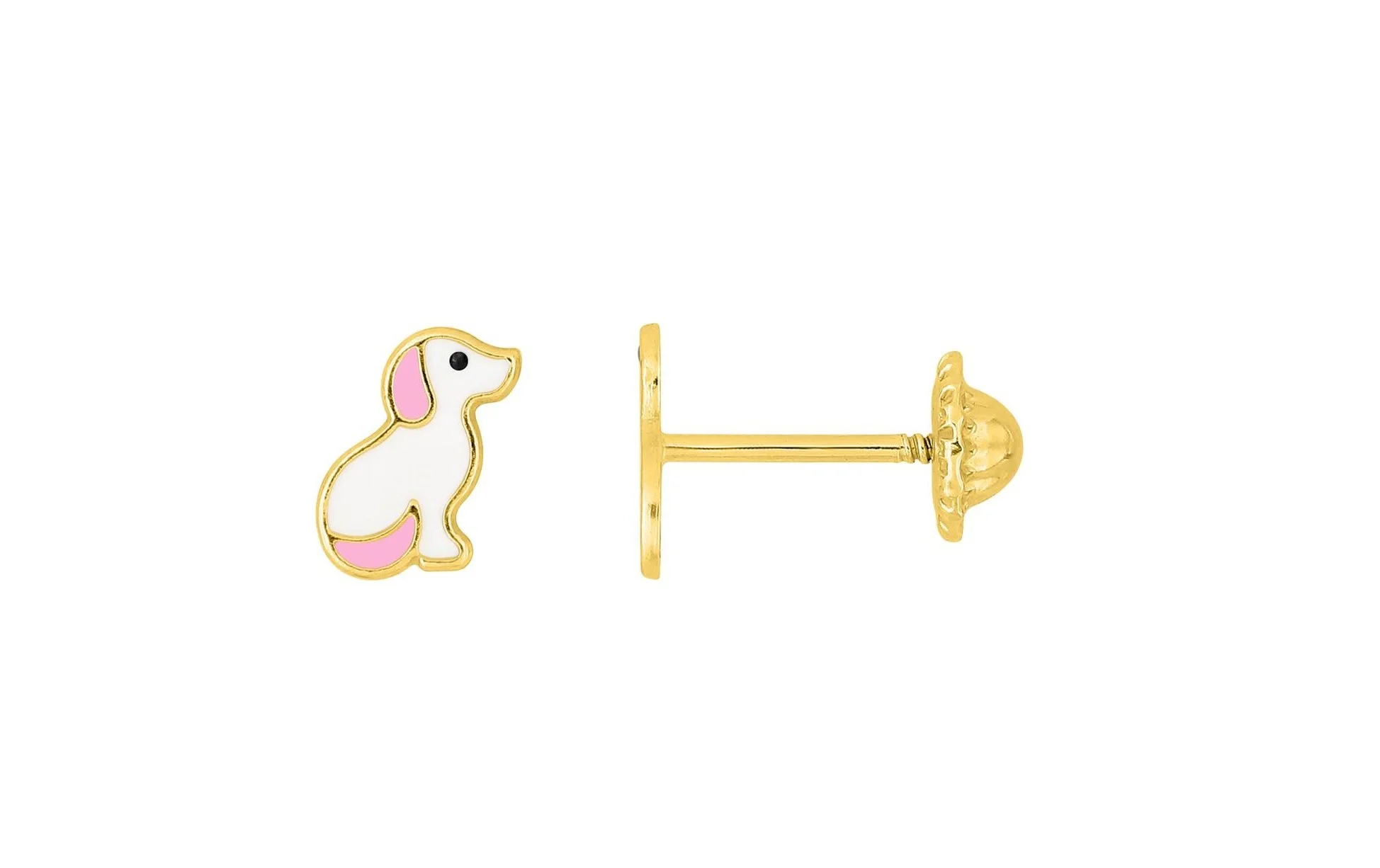 Boucle d'Oreille Chien Laqué Rose et Blanc Système à Vis