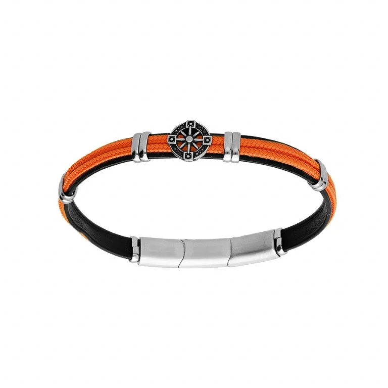 Bracelet Cuir Noir + Cordon Orange + Motif Acier