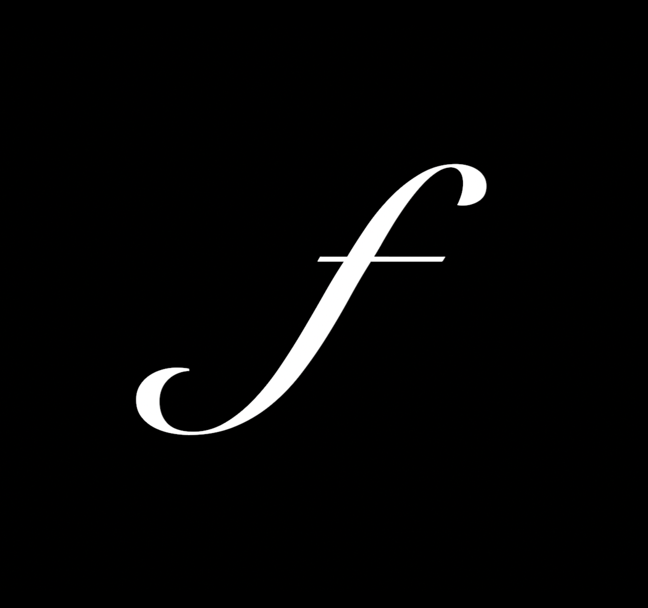 A white cursive letter F on a black background.