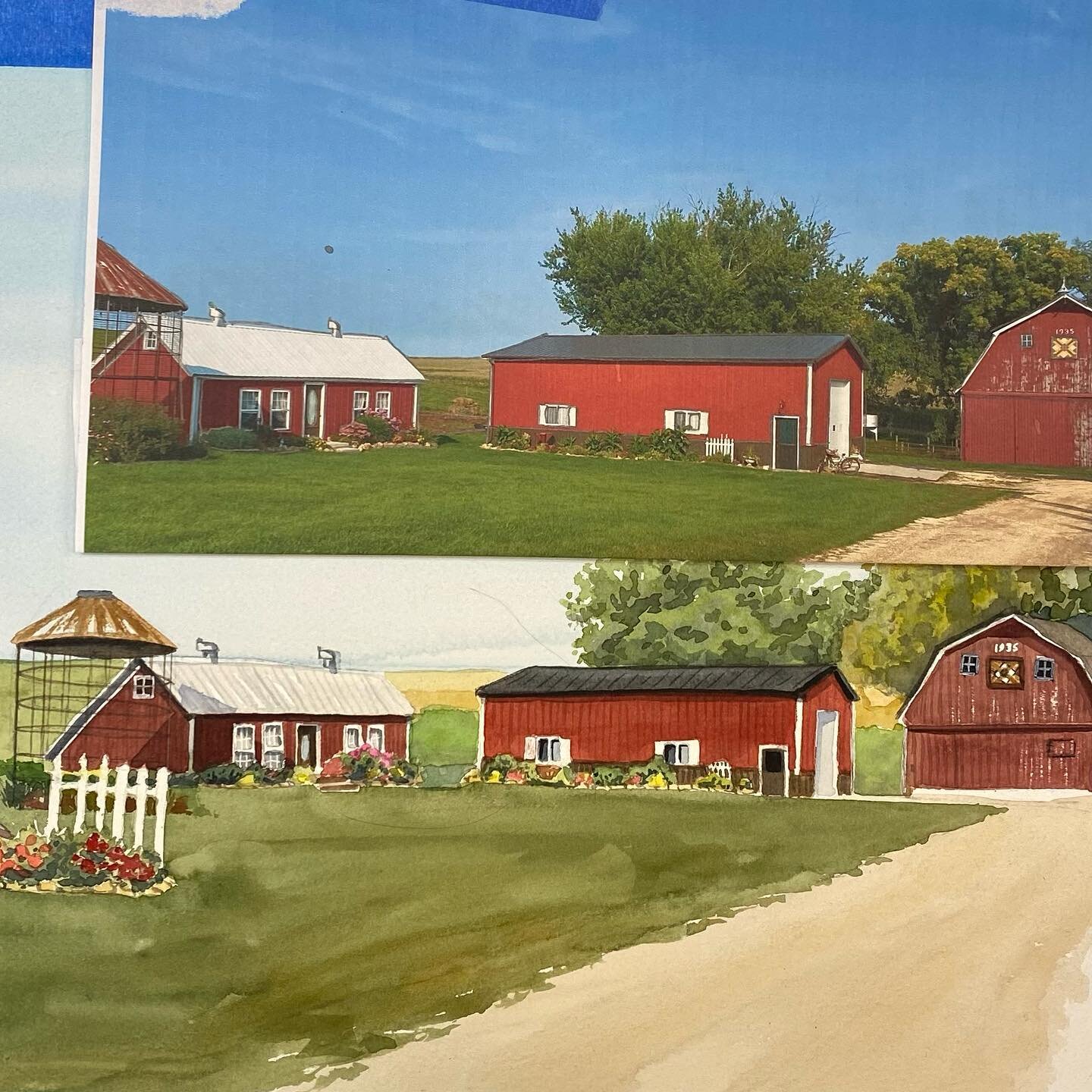 Work in progress. 
Just a little more to do before I complete this painting of the prettiest farmstead in Iowa. 🥰