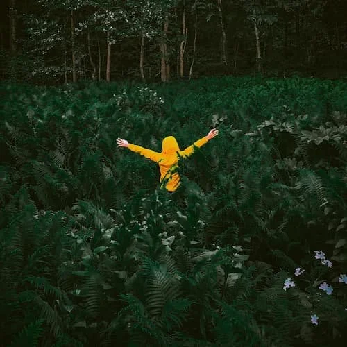 Person standing in a field of ferns in a rain coat, embracing nature with open arms
