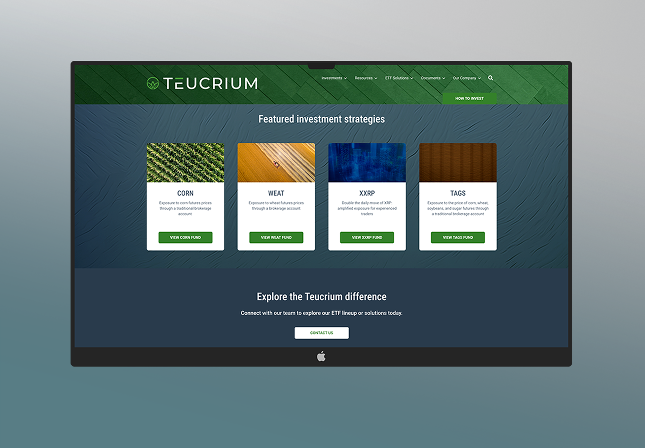 Laptop displaying the Teucrium website with investment options for corn, wheat, XRP, and tags.