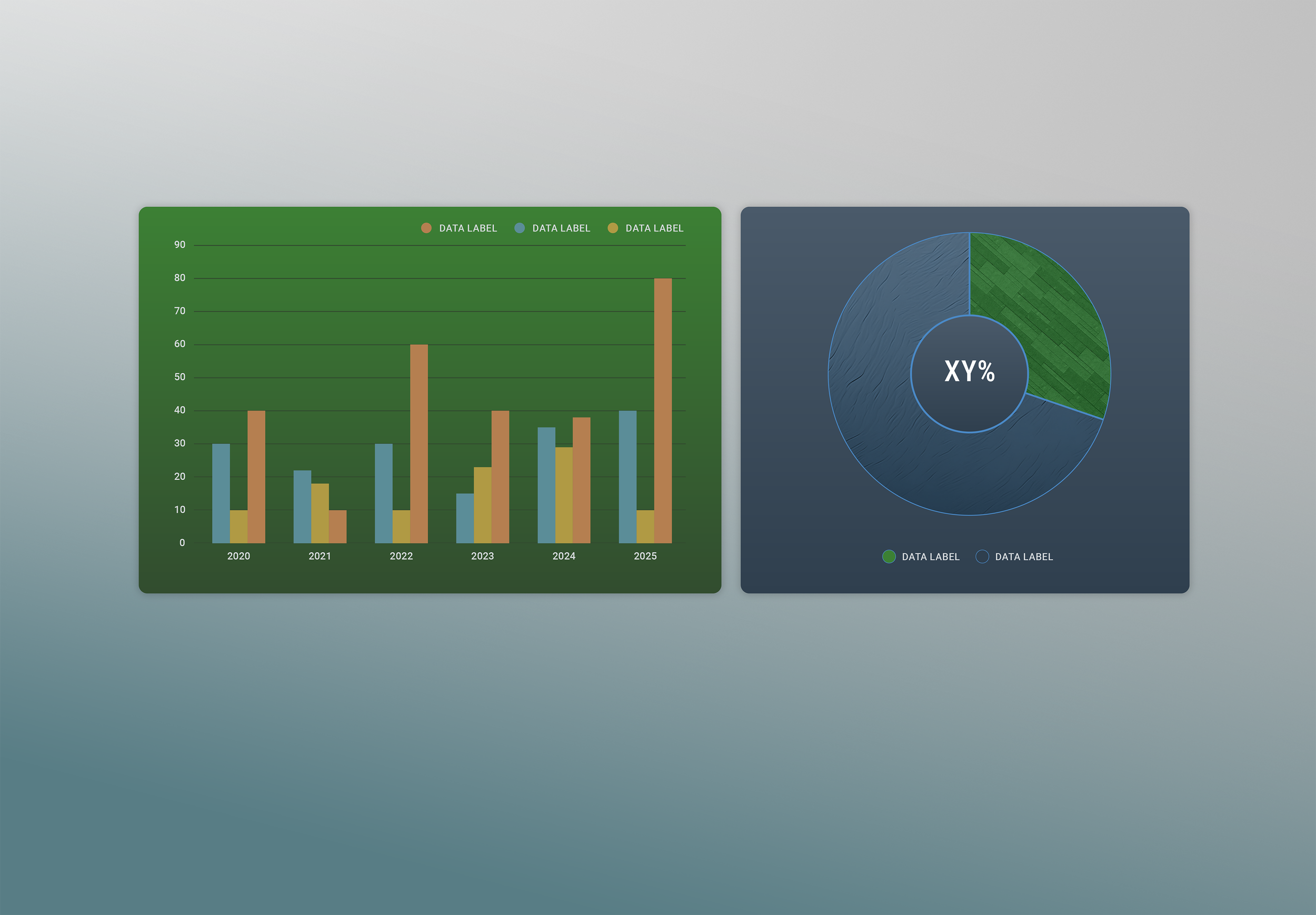 Two data visualization charts, a bar graph on a green background showing data from 2020 to 2025, and a donut chart on a dark background with segments labeled 'Data Label' and 'XY%'.