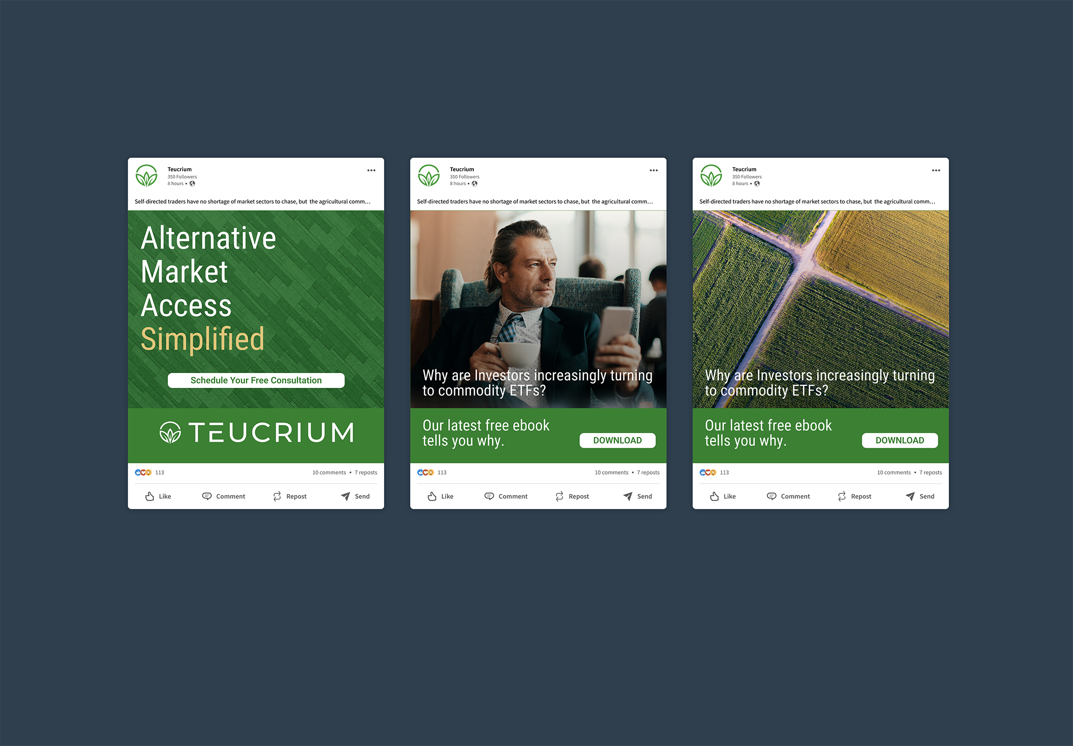 Three social media posts advertising a free ebook about alternative market access, featuring a green-themed flyer, a man in a suit looking at his phone in a modern setting, and an aerial view of a farm field.