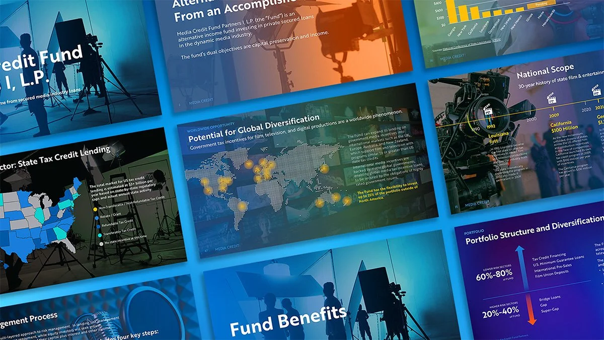 A montage of slides from a Media Finance pitch-deck.