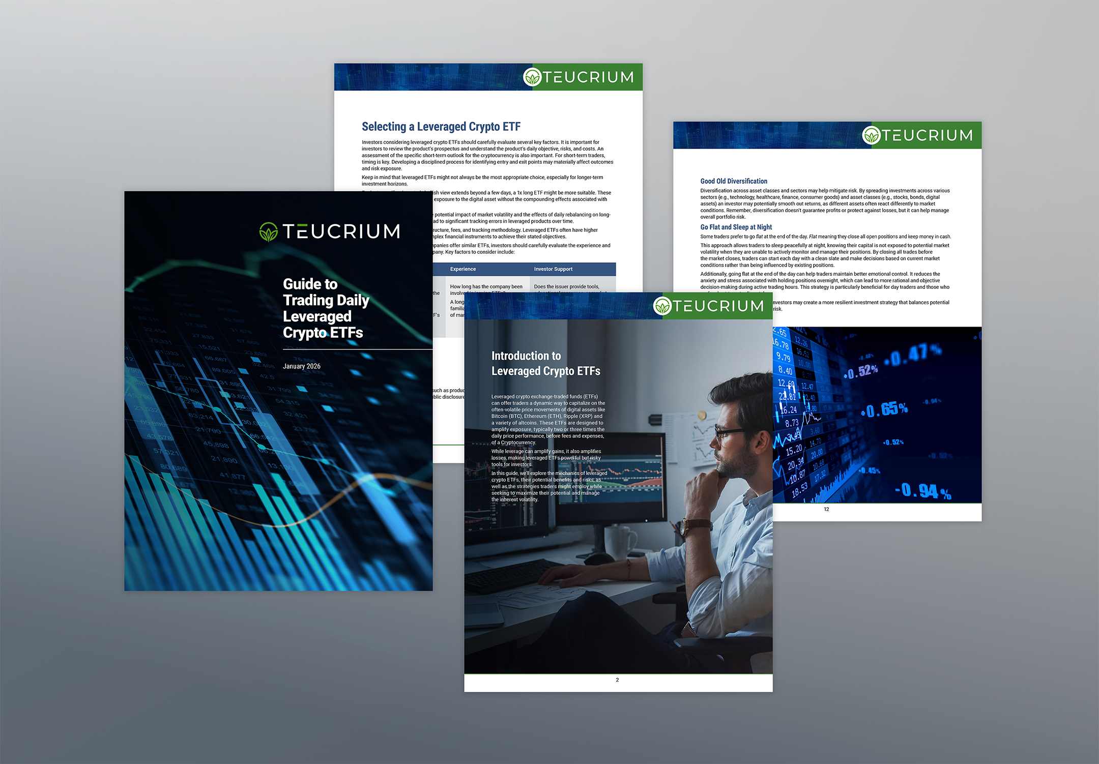 Three pages of a guide or report about leveraged crypto ETFs from TEUCRIUM, with charts and a person studying financial data on a computer screen.
