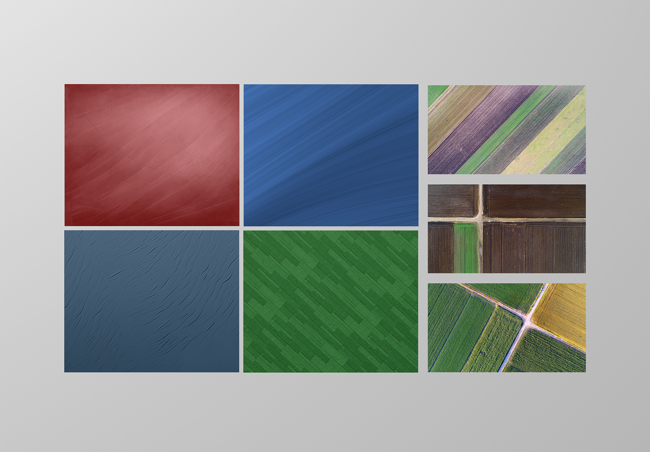 Multiple aerial photographs of agricultural fields with different crop patterns and colors.