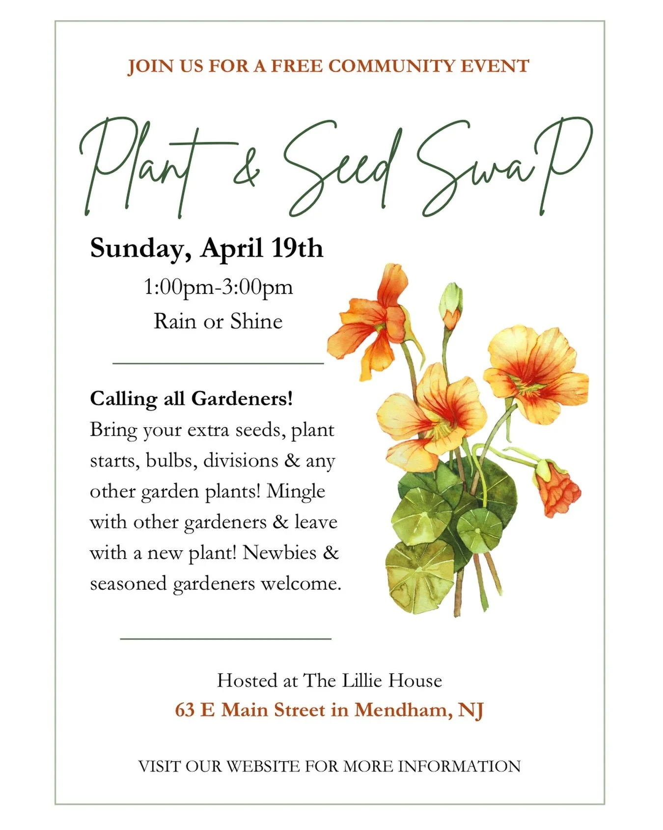 It&rsquo;s back! 🌱

Our 3rd Annual Plant &amp; Seed Swap
Sunday, April 19th | 1&ndash;3 PM

Bring seeds, starts, bulbs + divisions and swap for something new. No garden experience needed&mdash;whether you&rsquo;re a seasoned grower or just getting s
