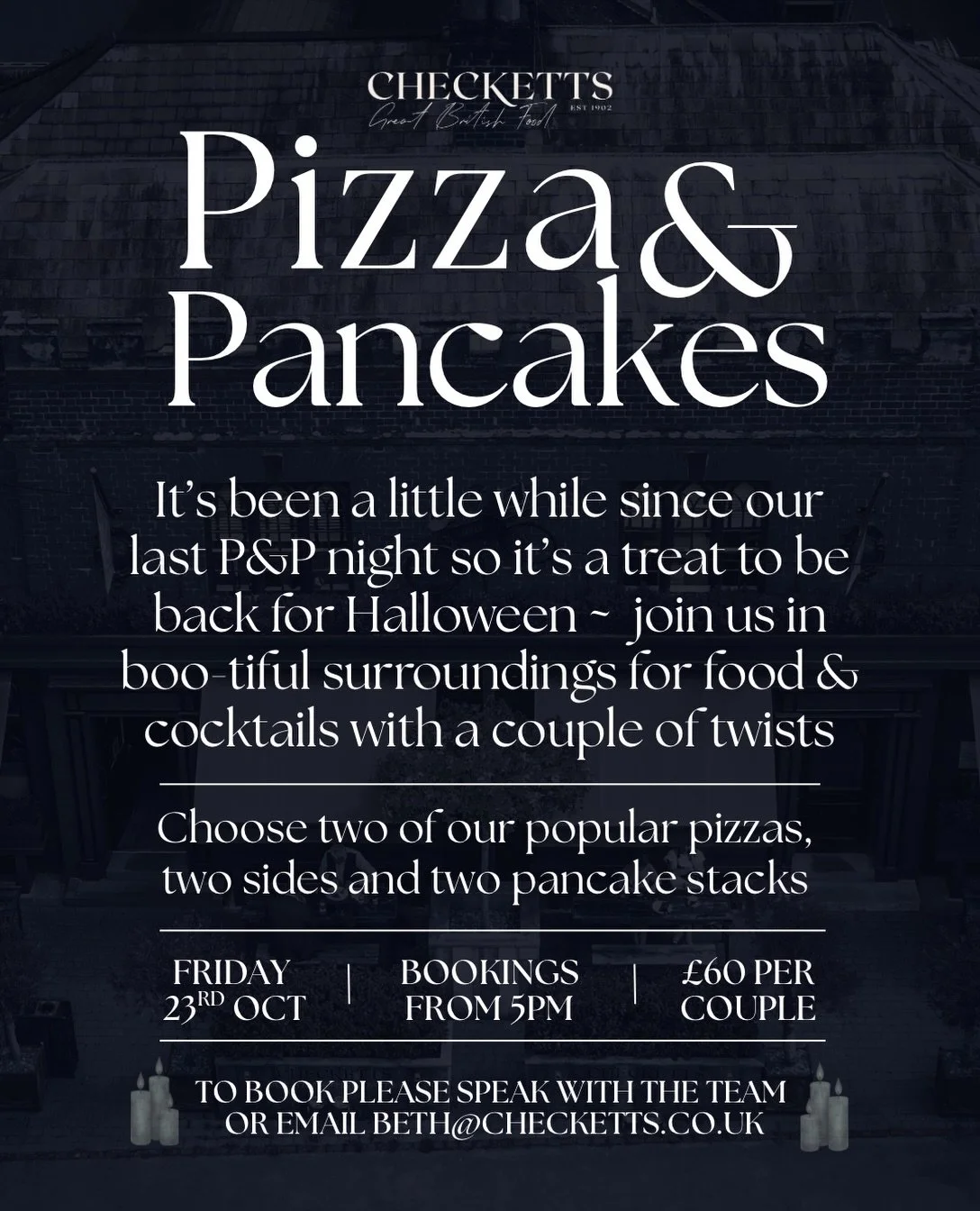 Pizza &amp; Pudding is back 🍕

And we&rsquo;re making it spooky 👻 the cocktail menu is under wraps until the night, but expect an abundance of creepy creations 🕸️

Get booked on by emailing beth@checketts.co.uk 💀