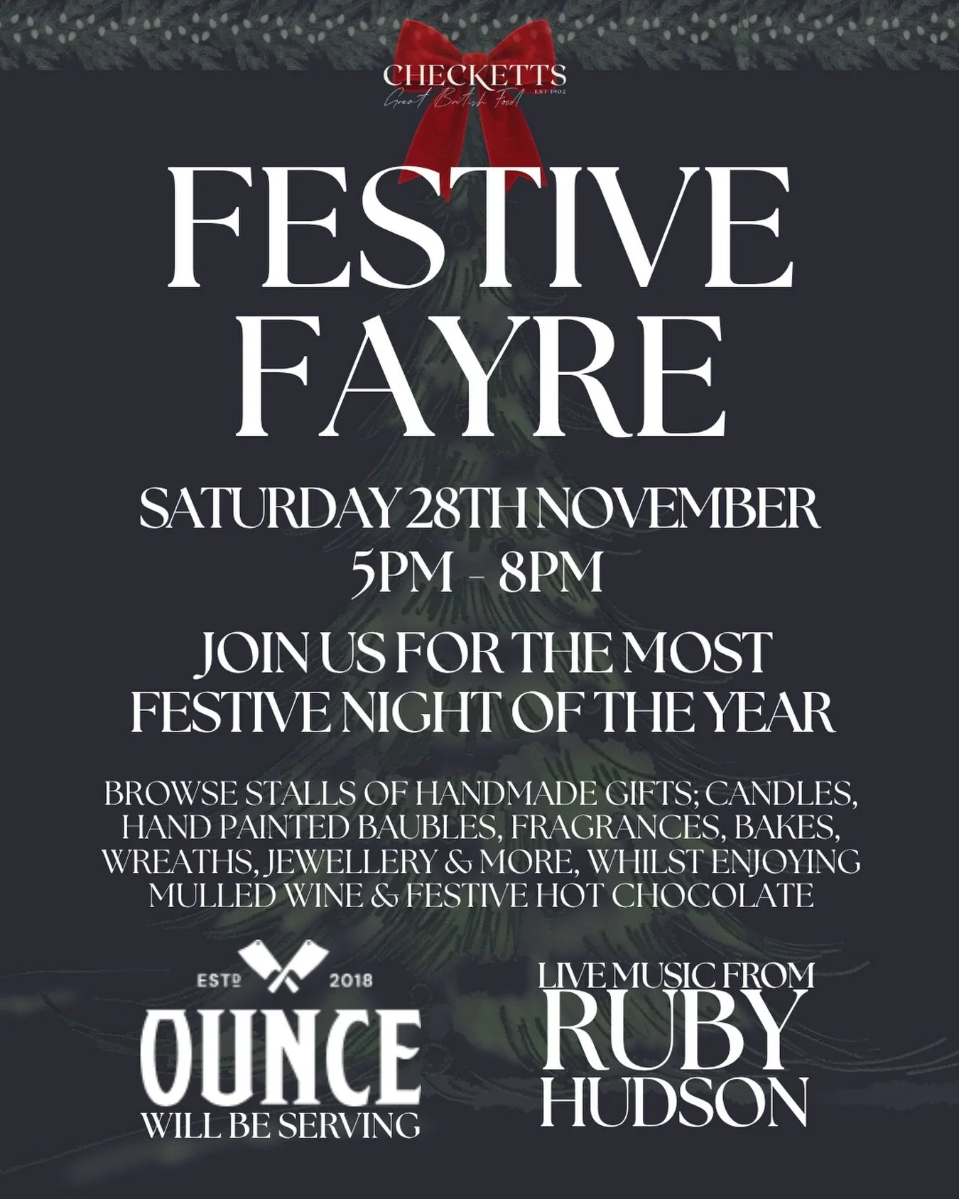 What are your plans for Saturday 28th November?🌲

Fancy joining us for our favourite night of the year? ✨

If you haven&rsquo;t been to Checketts Festive Fayre before, our inside area transforms into a bit of a grotto, with wonderful local suppliers
