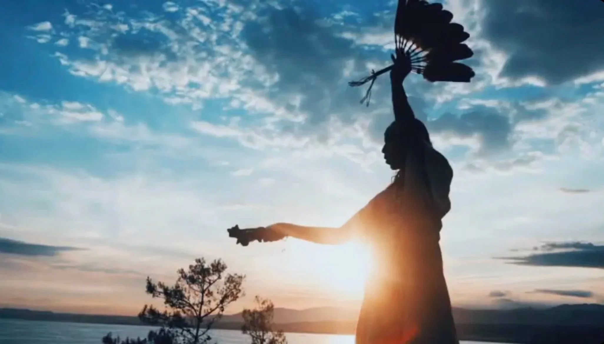 A silhouette of a person holding a butterfly-shaped kite against a sunset sky with clouds and water in the background.