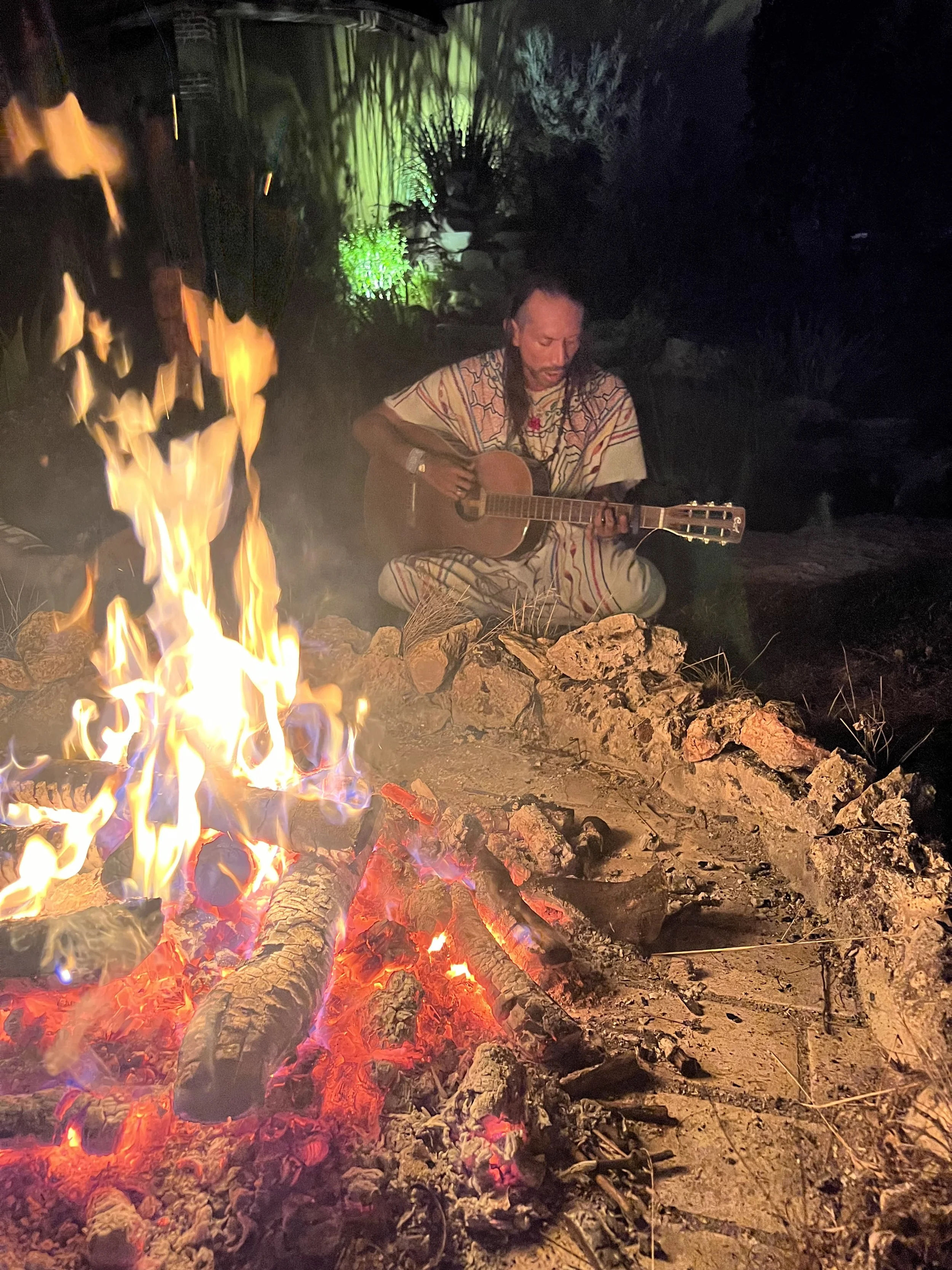 Peyote Ceremony, shaman, healer, playing guitar, a beauitful campfire night journey in nature 