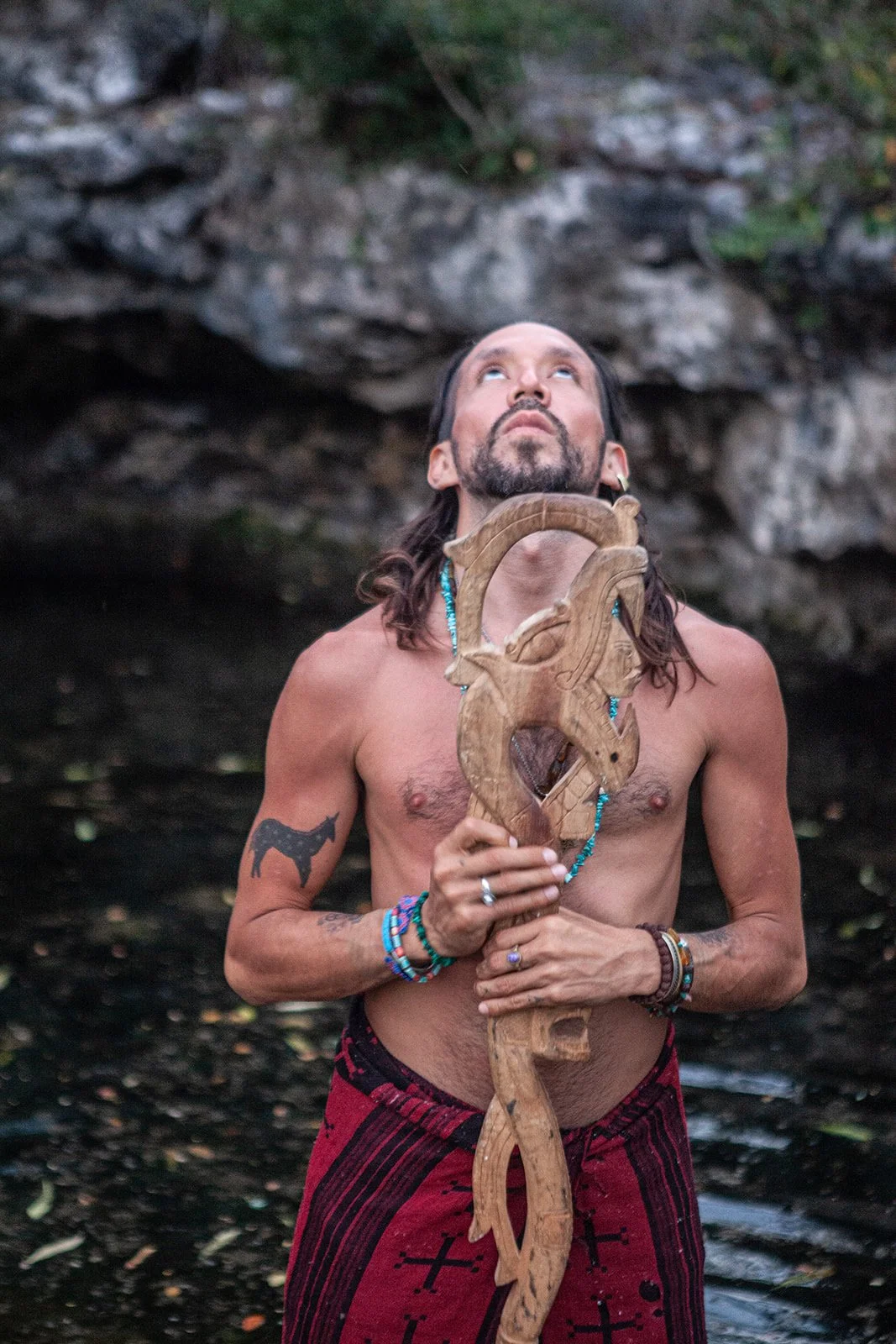 Maestro Ce Acatl, healer, in ceremony, in a trance state, connecting with God
