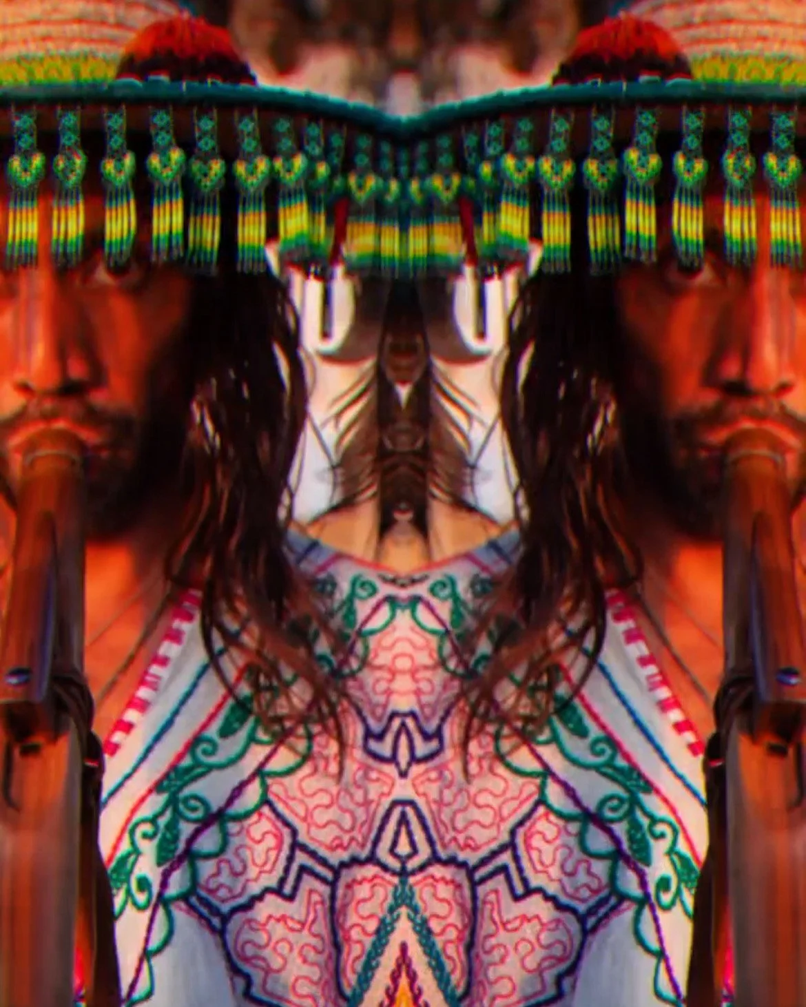 Shaman, healer, curandero, wearing traditional, colorful wixarika clothing, with detailed embroidery, in ceremony