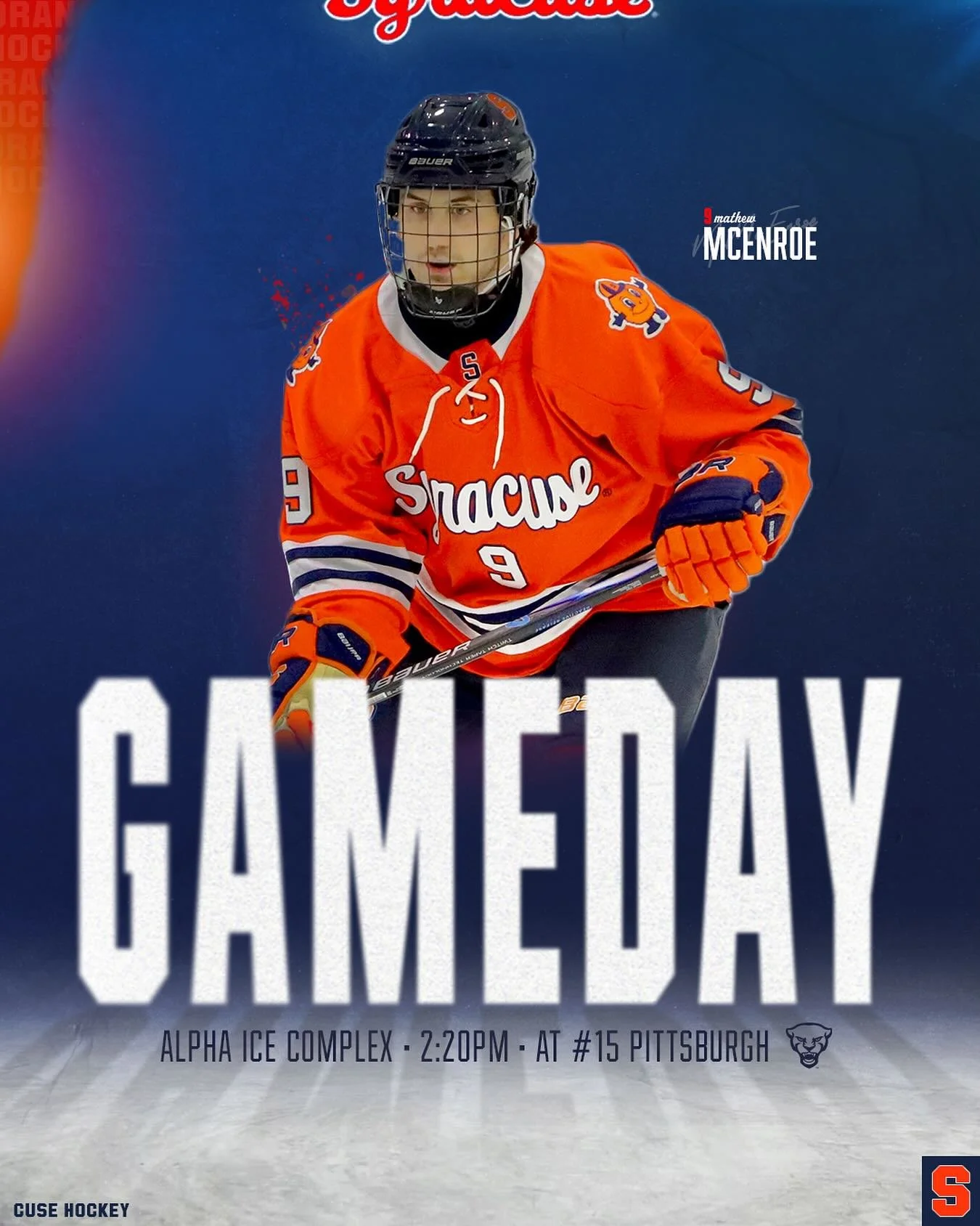Another battle in the &lsquo;Burgh

⏰ 2:20pm
🆚 #15 Pittsburgh
📍Alpha Ice Complex (Pittsburgh, PA) 
📺YouTube Live 
🎙️ SU Hockey Network

#FO𝗖𝗨𝗦𝗘D 🍊