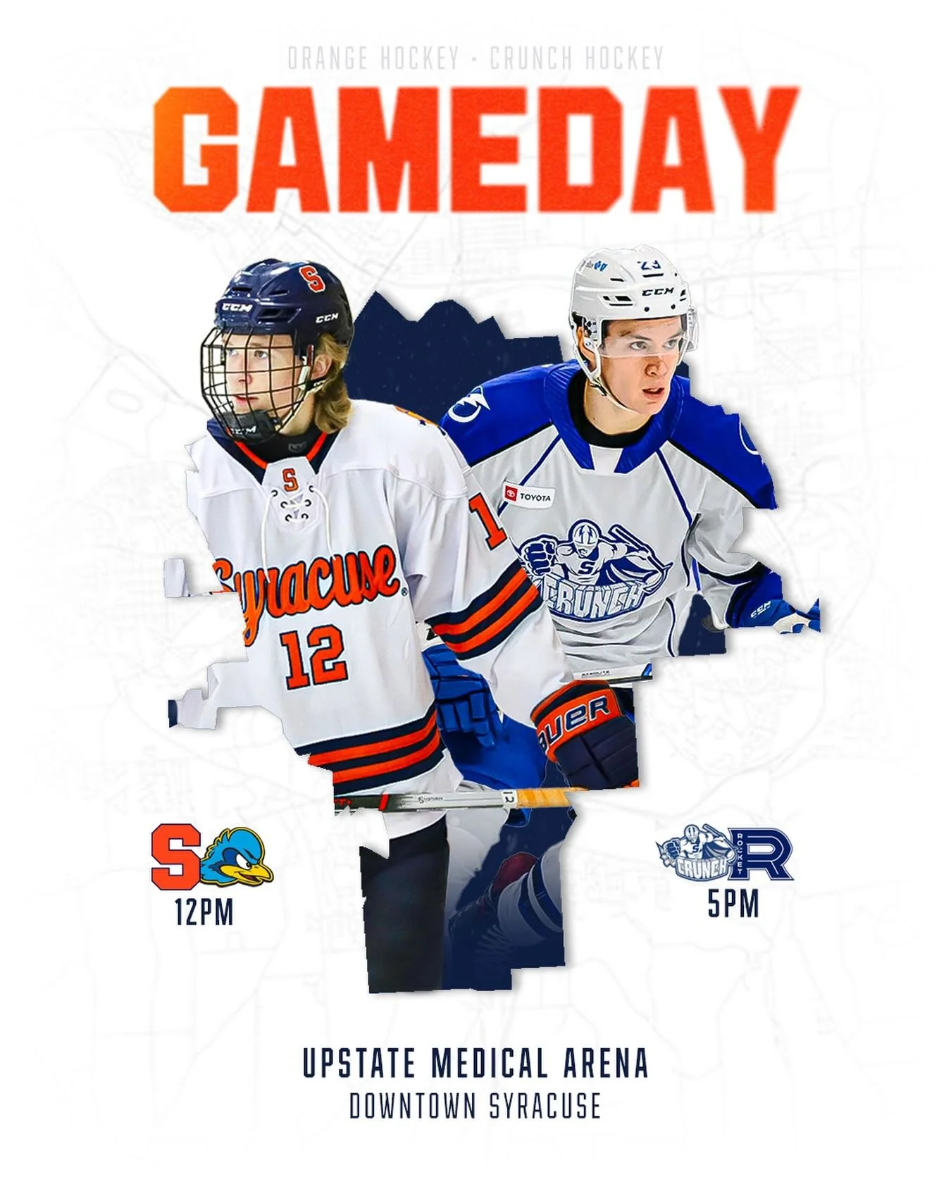 Taking it downtown. 

⏰12:00PM
🆚 Delaware 
📍Upstate Medical Arena (Syracuse, NY)
📺SU Hockey Network 

#FO𝗖𝗨𝗦𝗘D 🍊