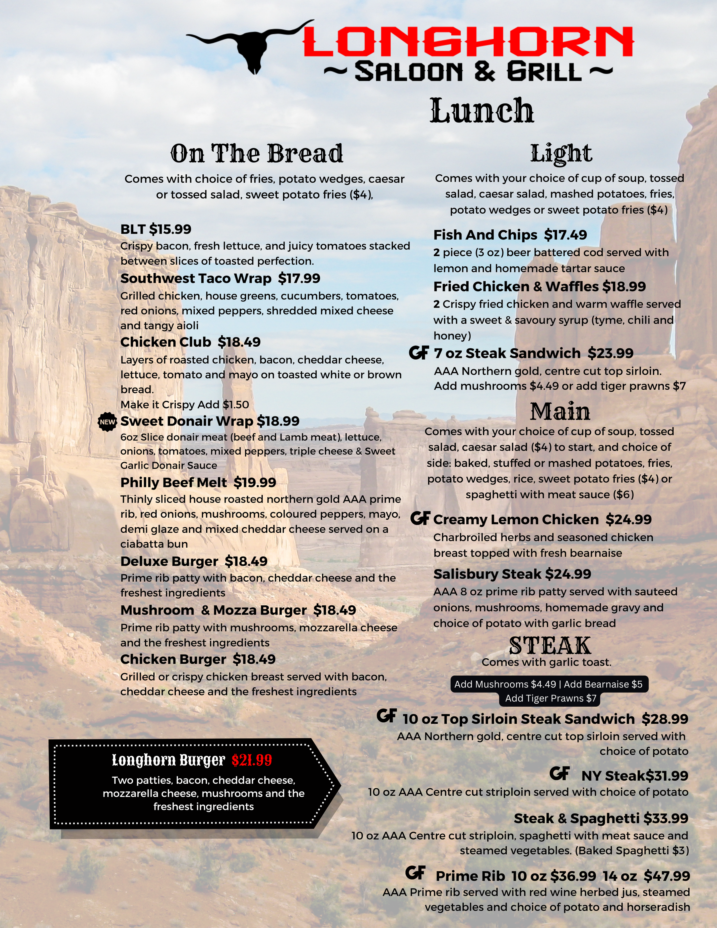 Saloon Menu Lunch Menu — Longhorn Saloon & Grill