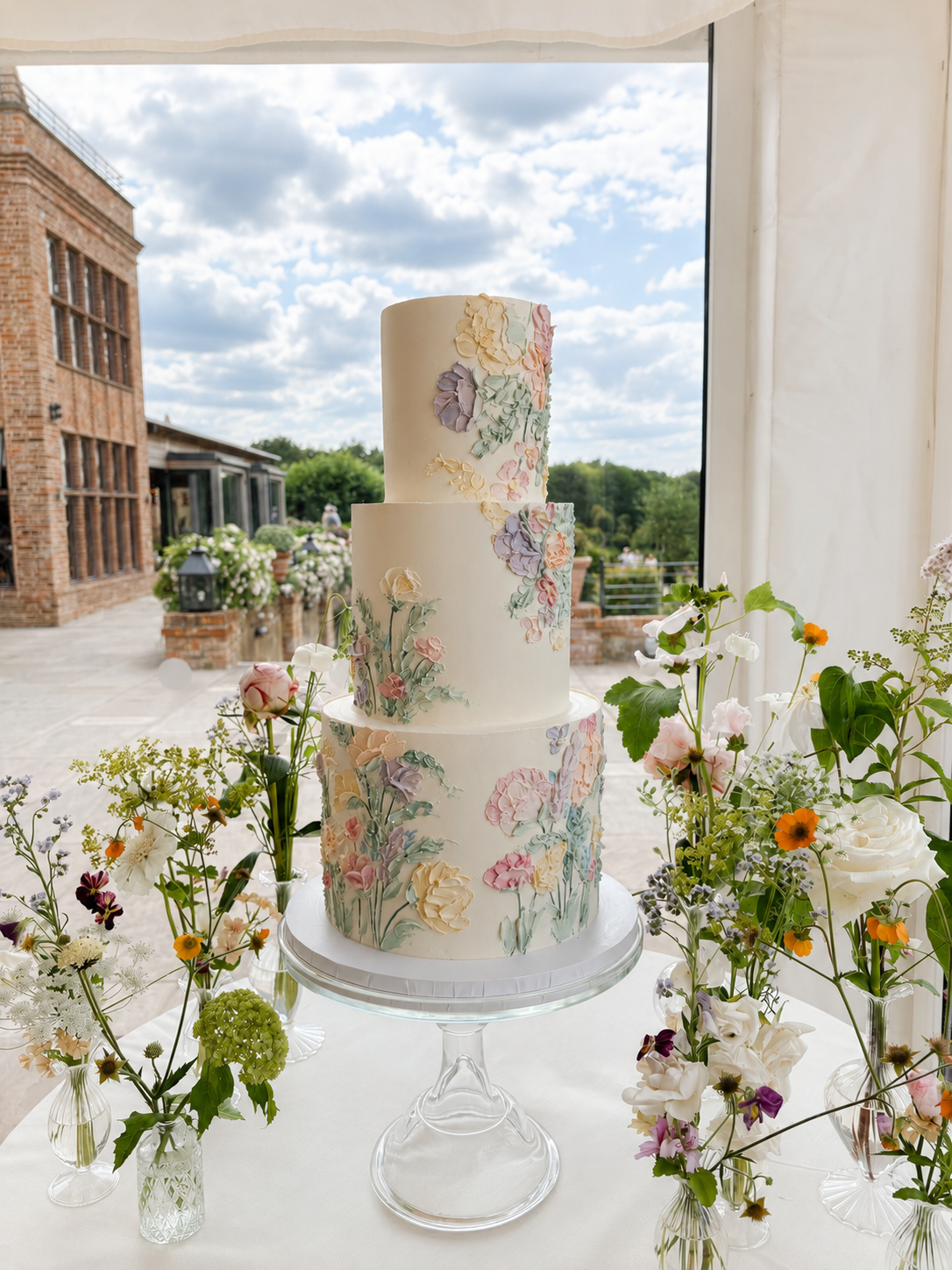 Spring pallet knife floral wedding cake at The Old Hall Ely