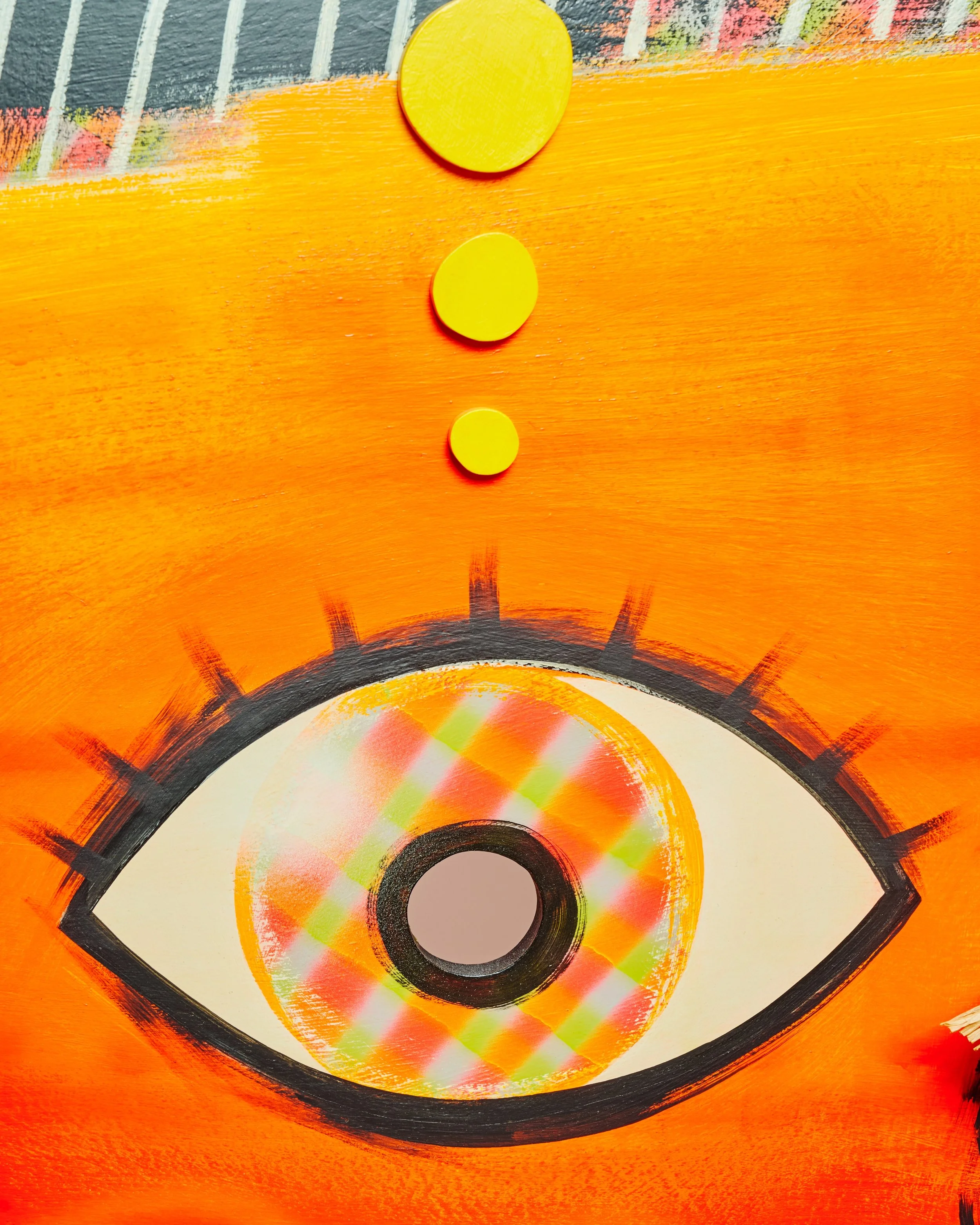 Close-up of a colorful, abstract eye painting with an orange background, black outlines, and a multicolored iris. Dan Friedman.