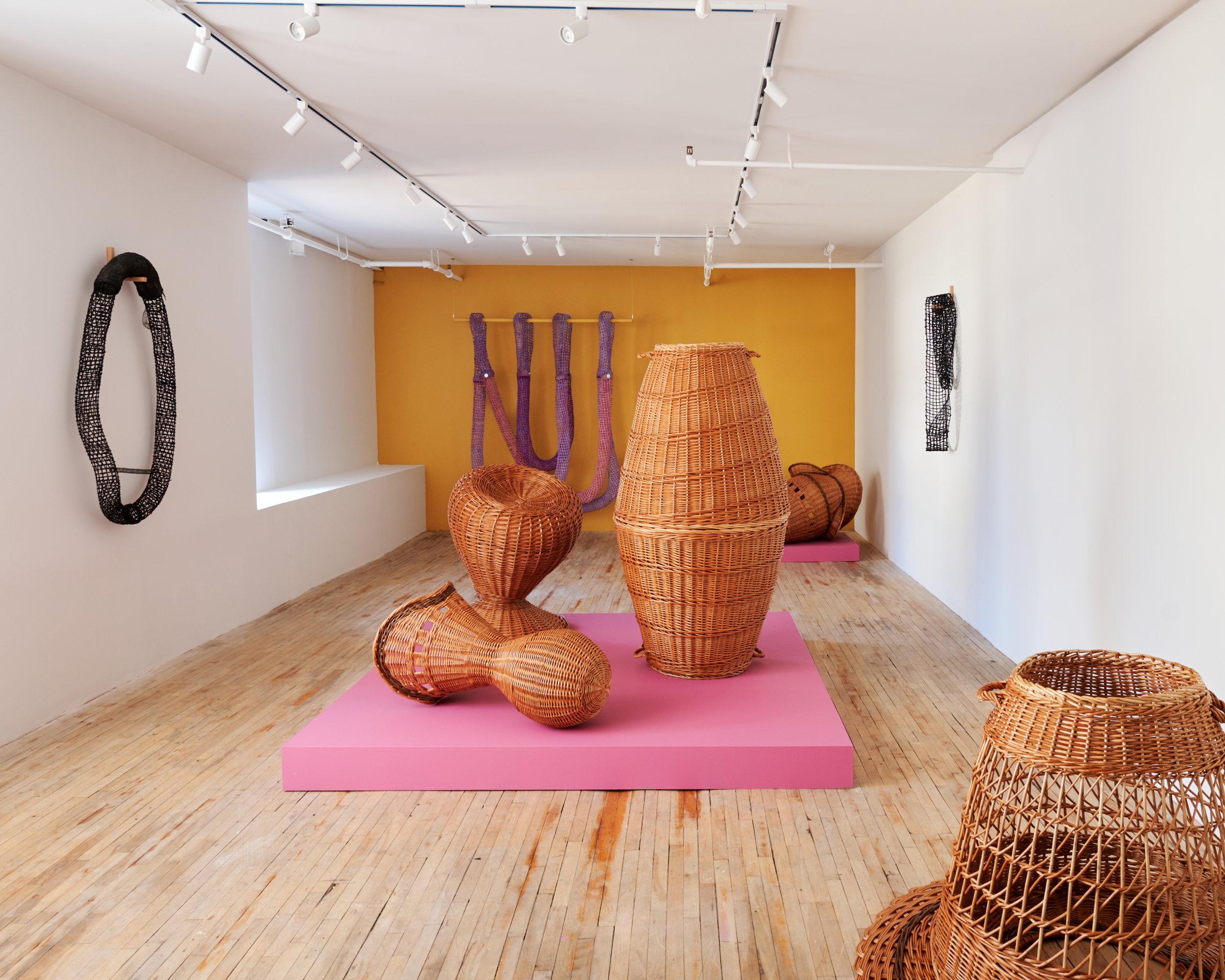 Art exhibit featuring woven sculptures and wall hangings in a gallery space with white walls, a yellow accent wall, and wooden floors.